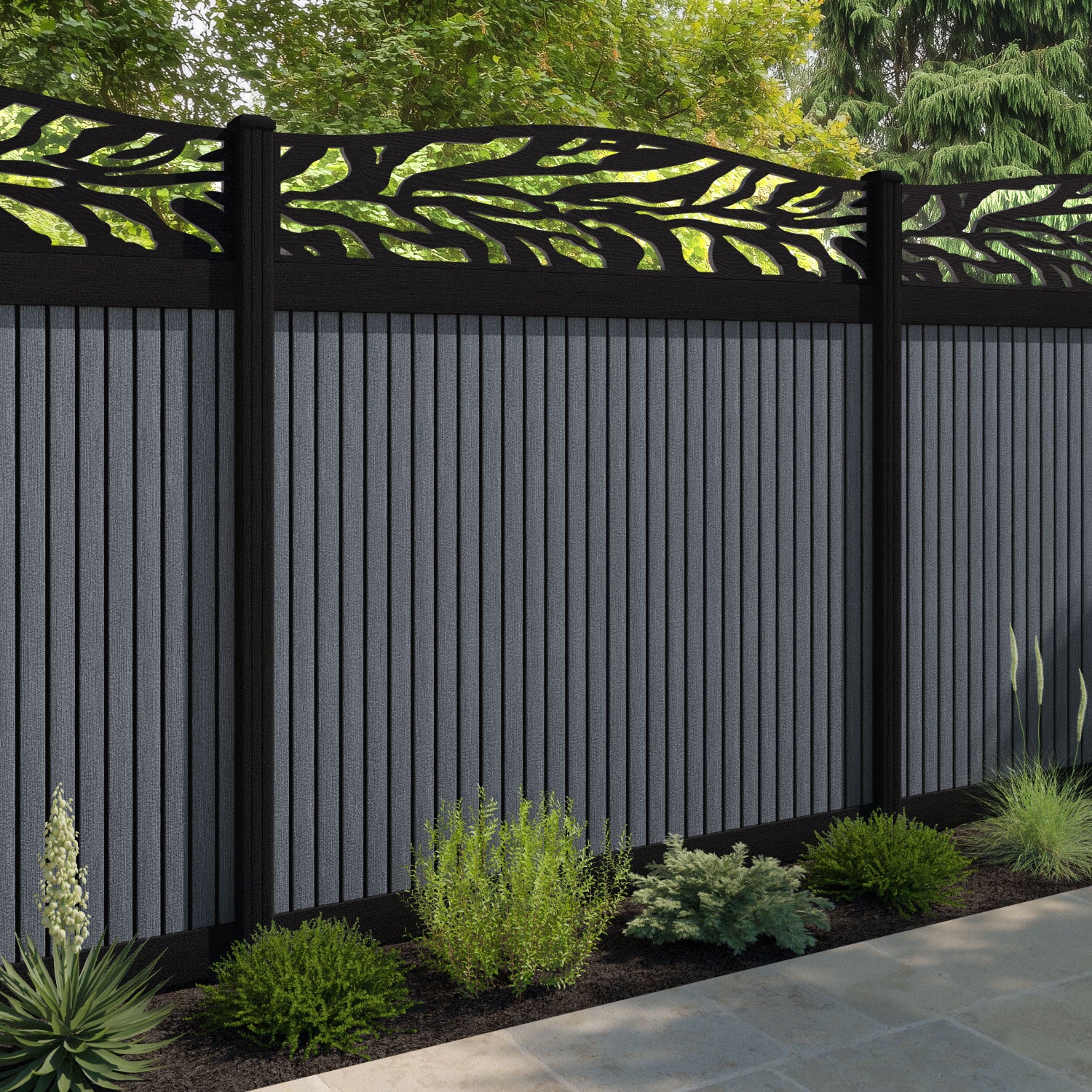 Virtis Malawi Curved Top Fence Panel - Anthracite - with our aluminium posts