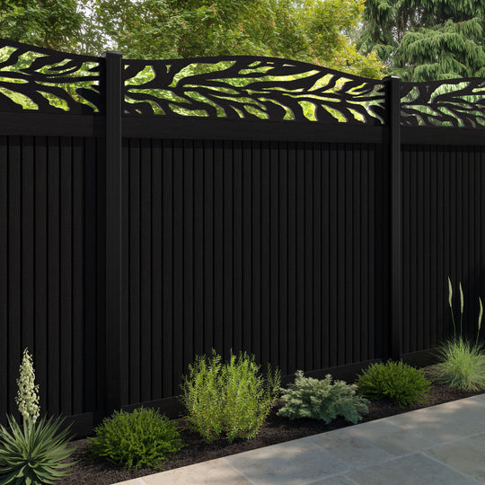 Virtis Malawi Curved Top Fence Panel - Black - with our aluminium posts
