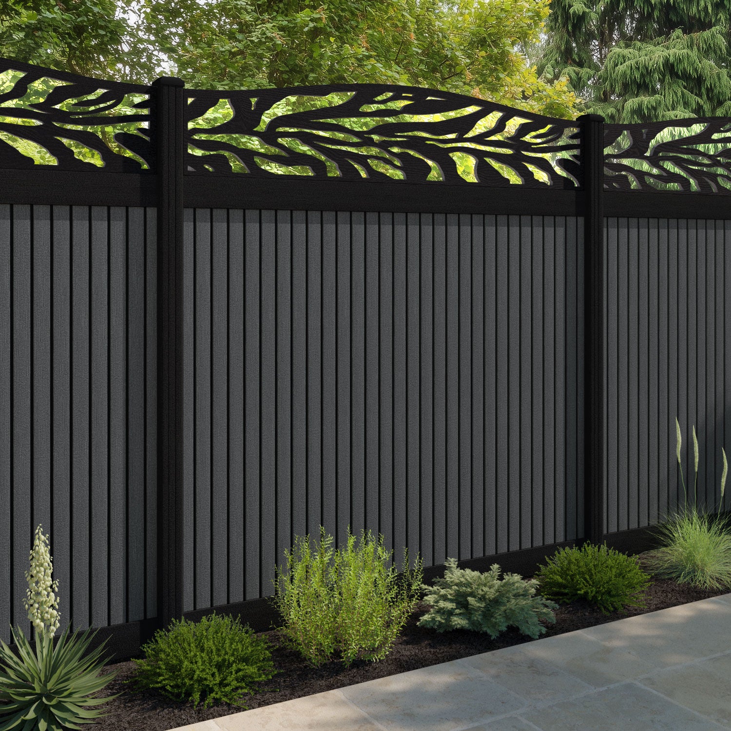 Virtis Malawi Curved Top Fence Panel - Dark Grey - with our composite posts