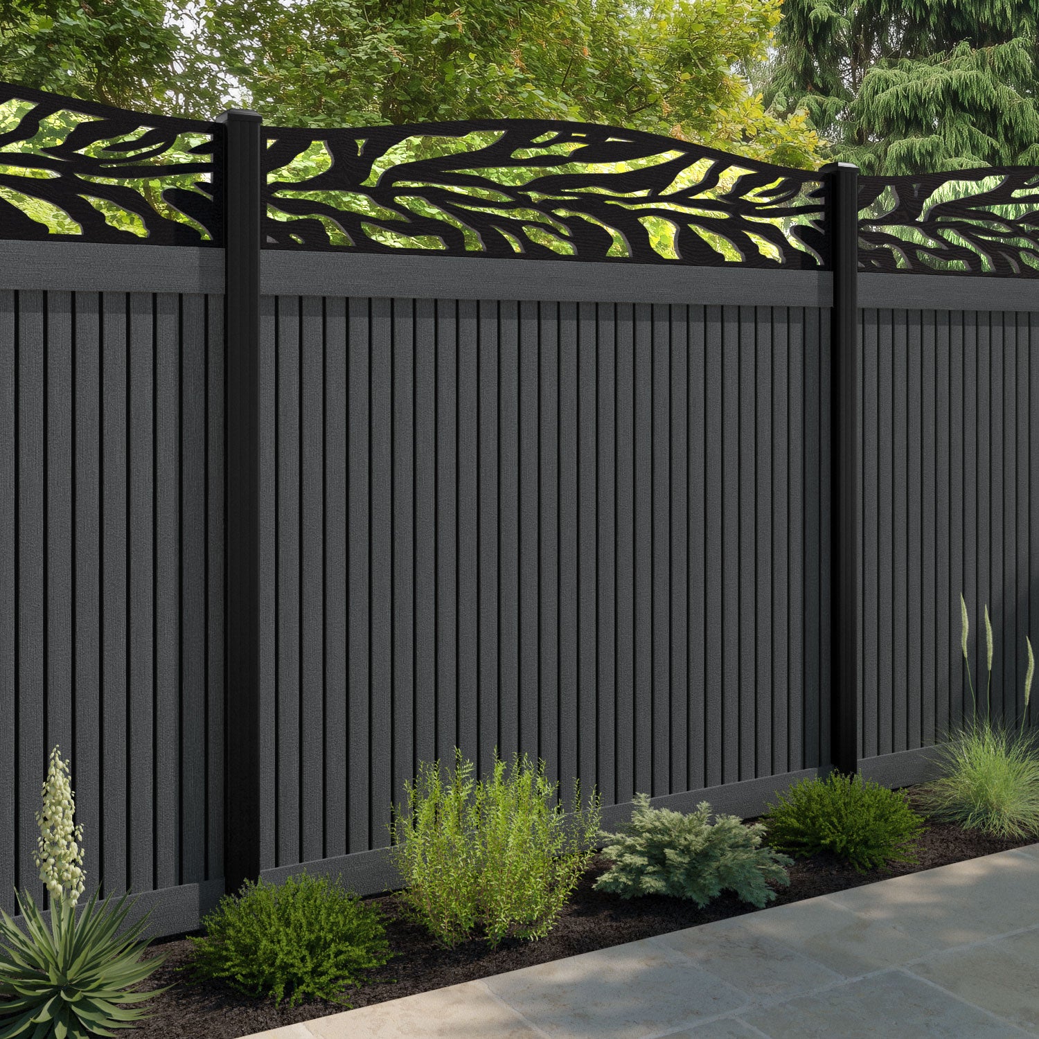 Virtis Malawi Curved Top Fence Panel - Dark Grey - with our composite posts