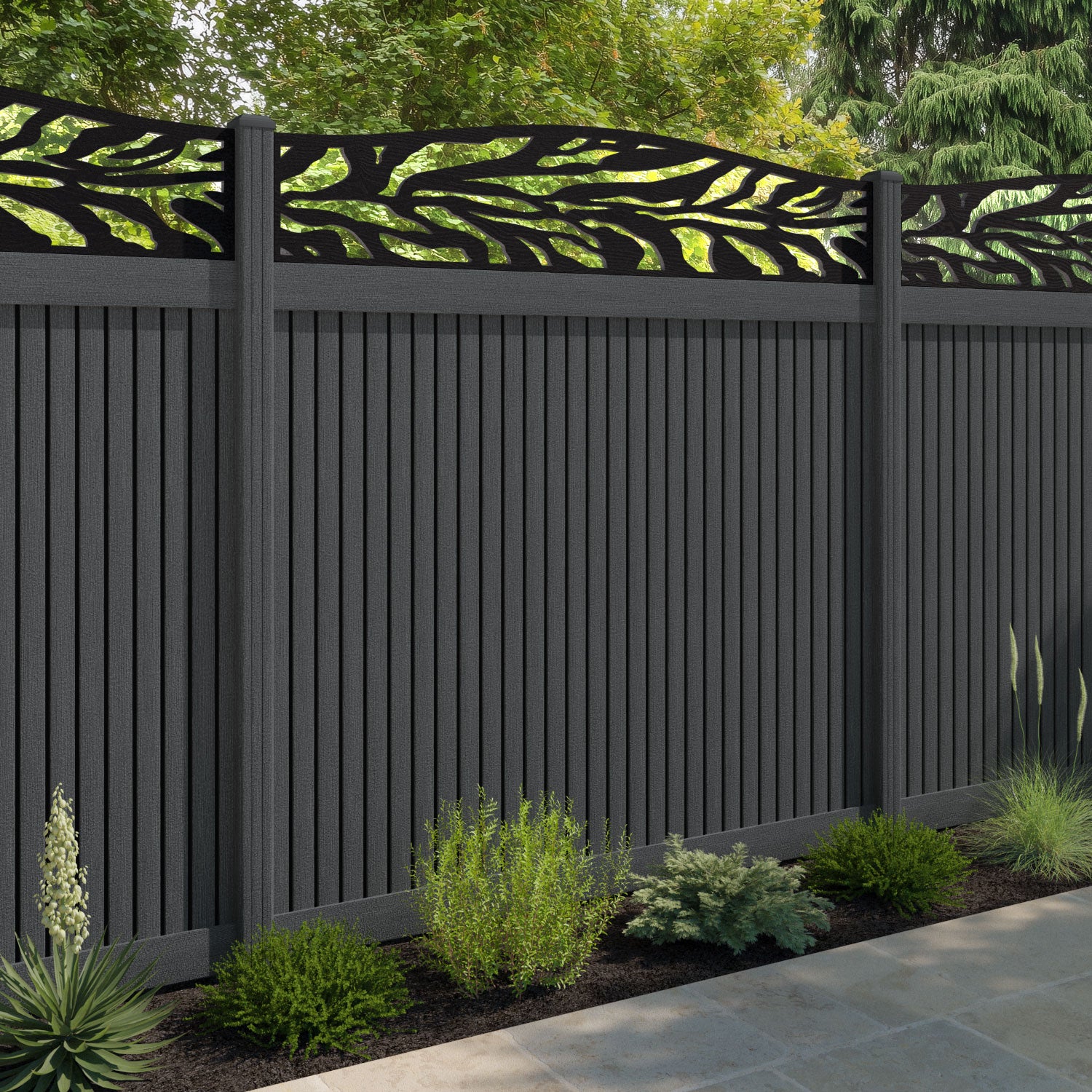 Virtis Malawi Curved Top Fence Panel - Dark Grey - with our composite posts