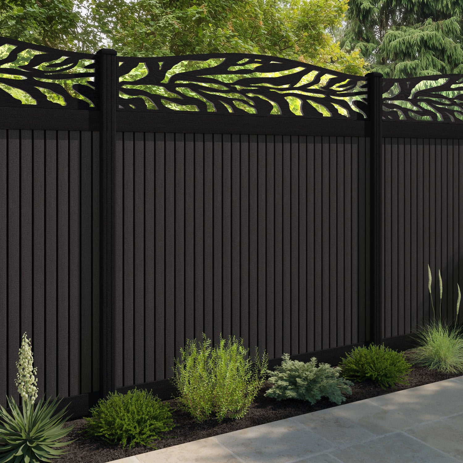 Virtis Malawi Curved Top Fence Panel - Dark Oak - with our aluminium posts
