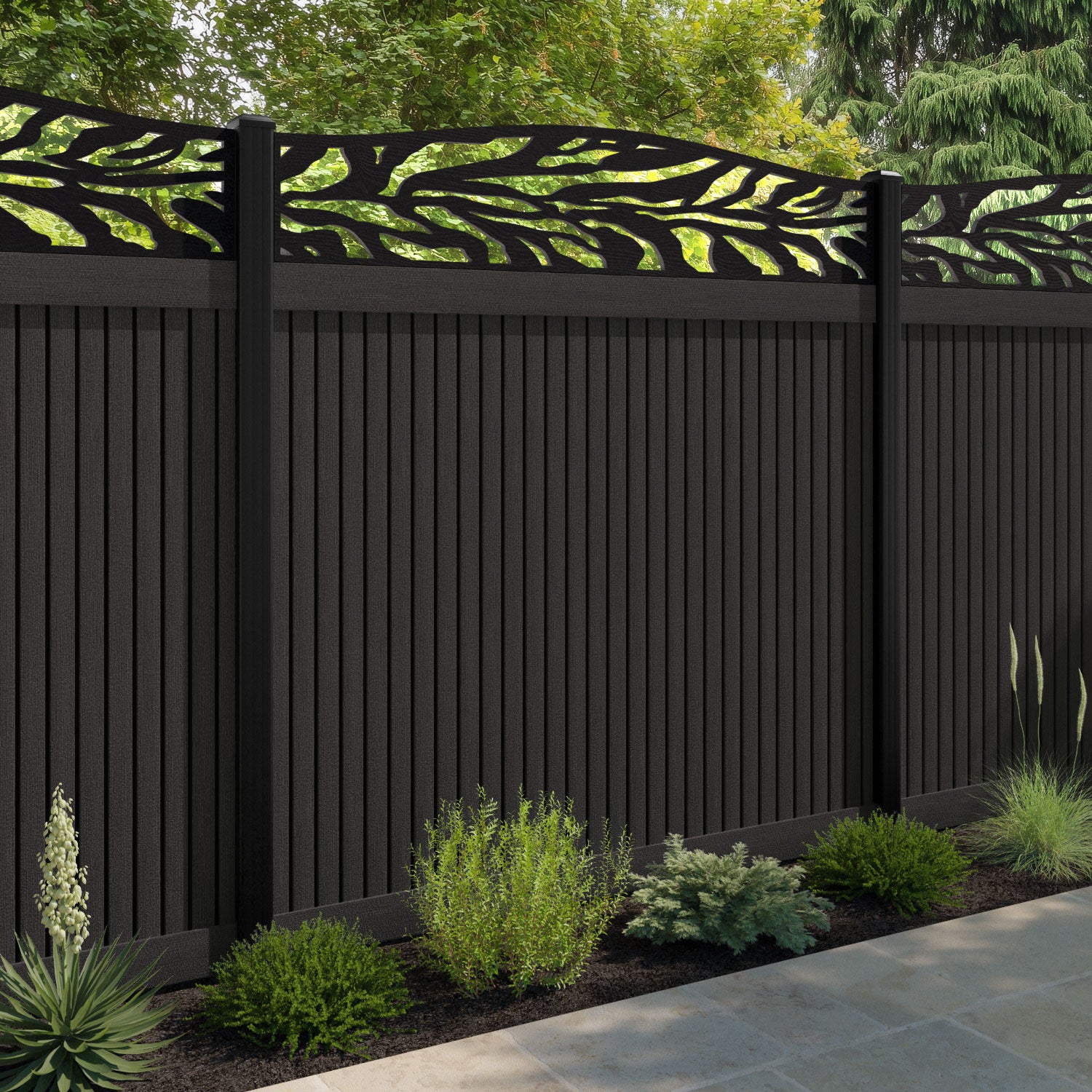 Virtis Malawi Curved Top Fence Panel - Dark Oak - with our aluminium posts