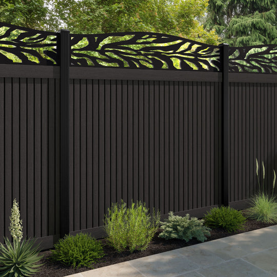 Virtis Malawi Curved Top Fence Panel - Dark Oak - with our aluminium posts
