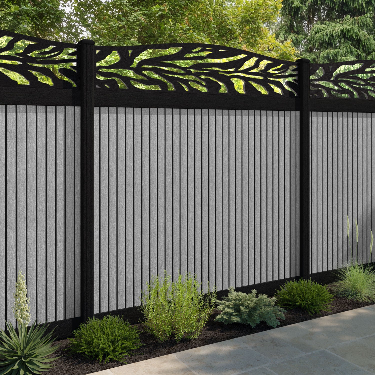 Virtis Malawi Curved Top Fence Panel - Light Grey - with our aluminium posts