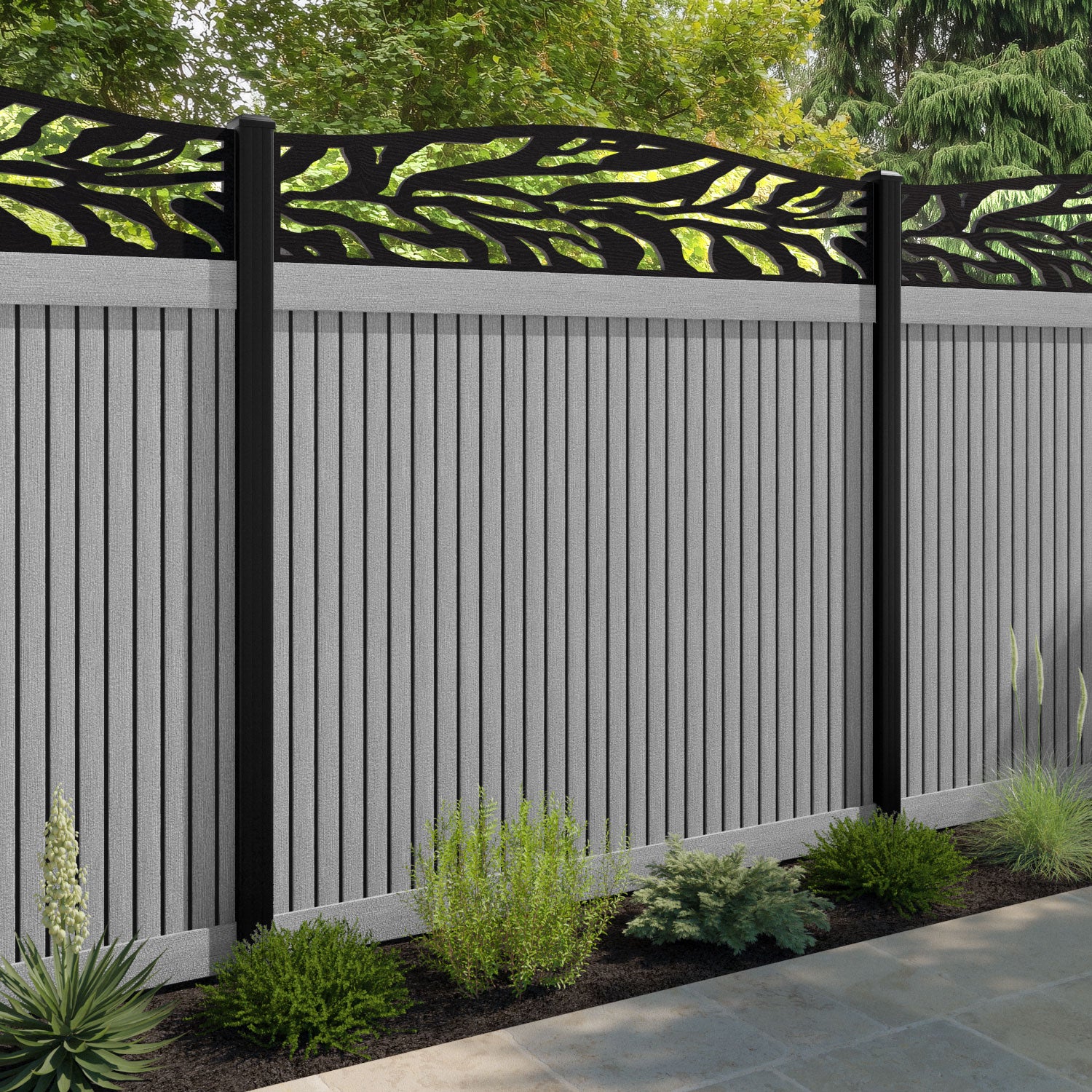 Virtis Malawi Curved Top Fence Panel - Light Grey - with our aluminium posts