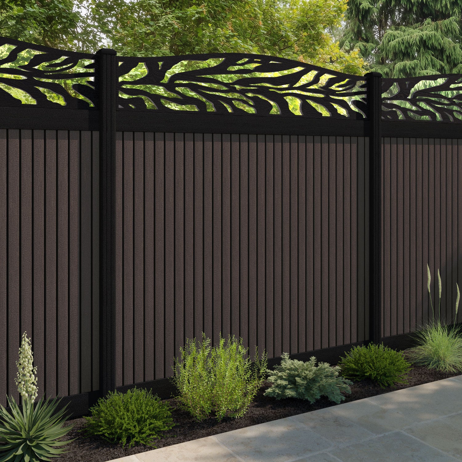 Virtis Malawi Curved Top Fence Panel - Mid Brown - with our composite posts