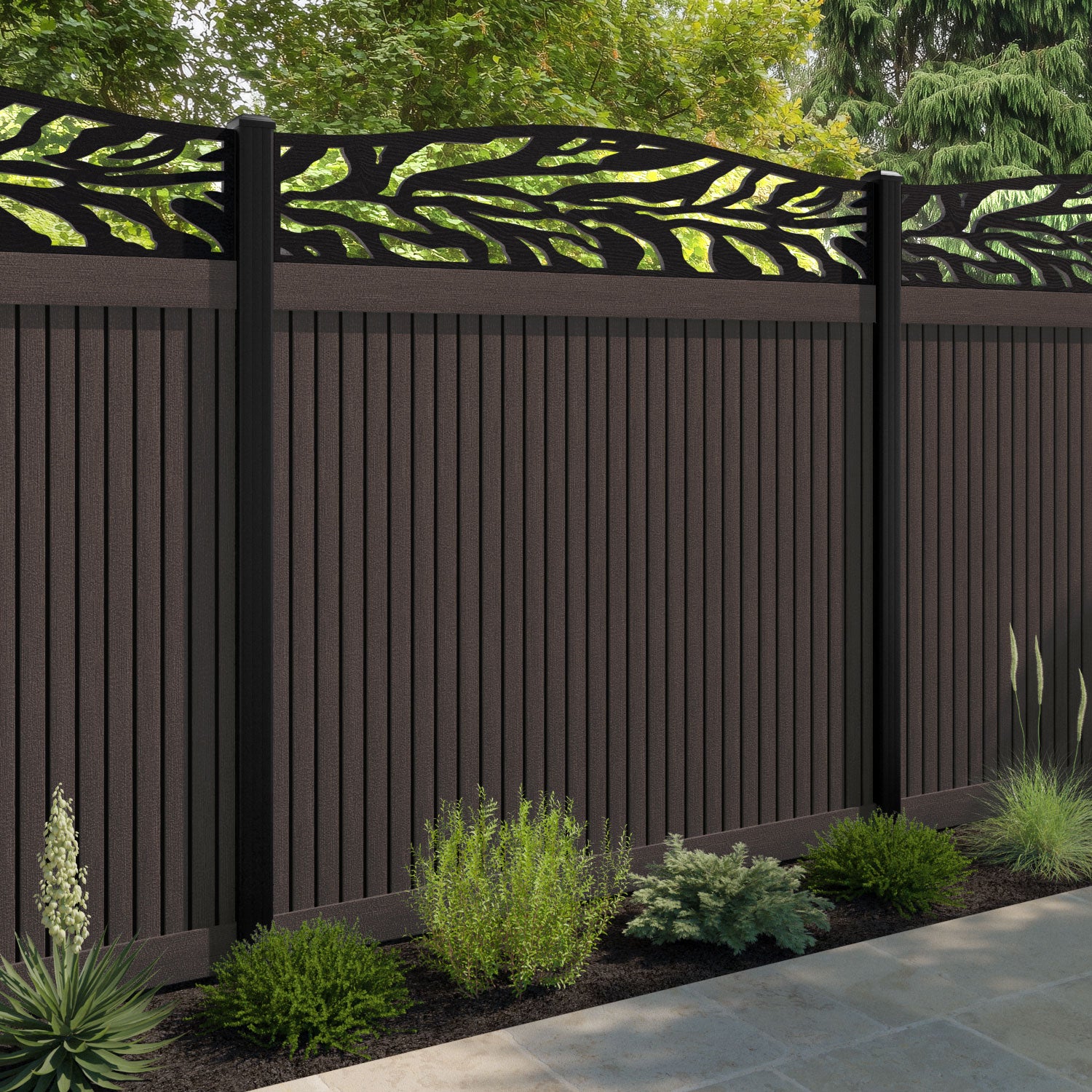 Virtis Malawi Curved Top Fence Panel - Mid Brown - with our aluminium posts