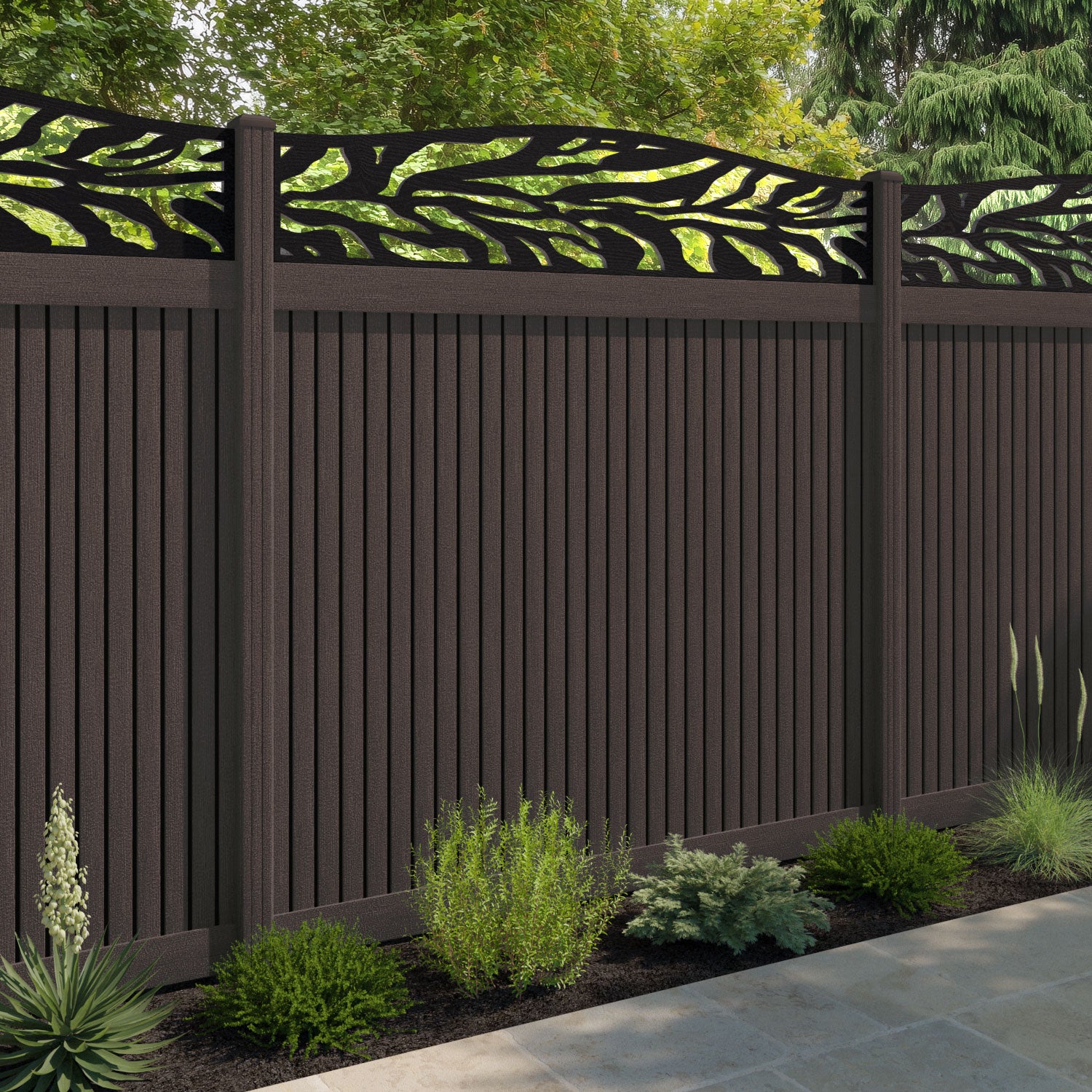 Virtis Malawi Curved Top Fence Panel - Mid Brown - with our composite posts