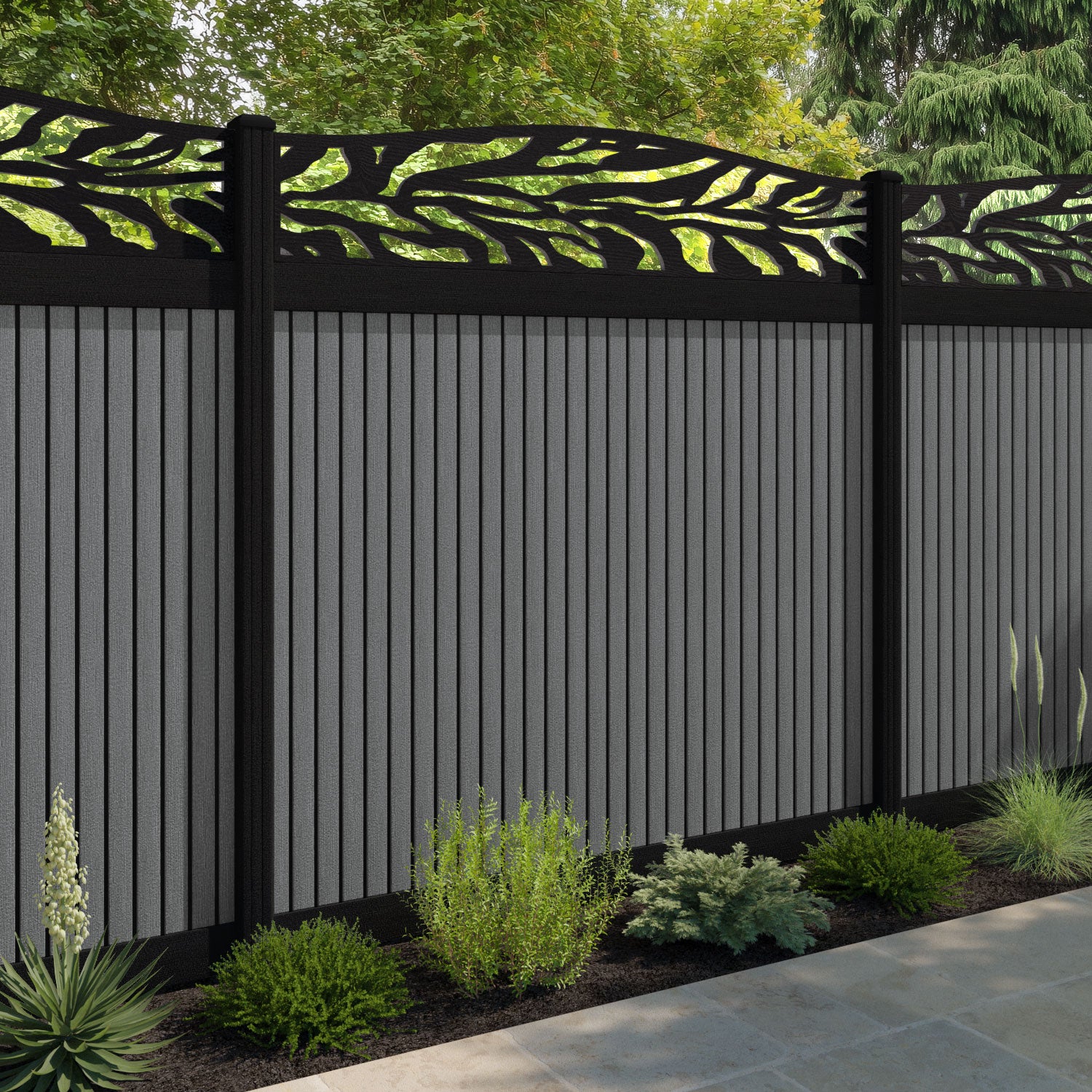 Virtis Malawi Curved Top Fence Panel - Mid Grey - with our composite posts