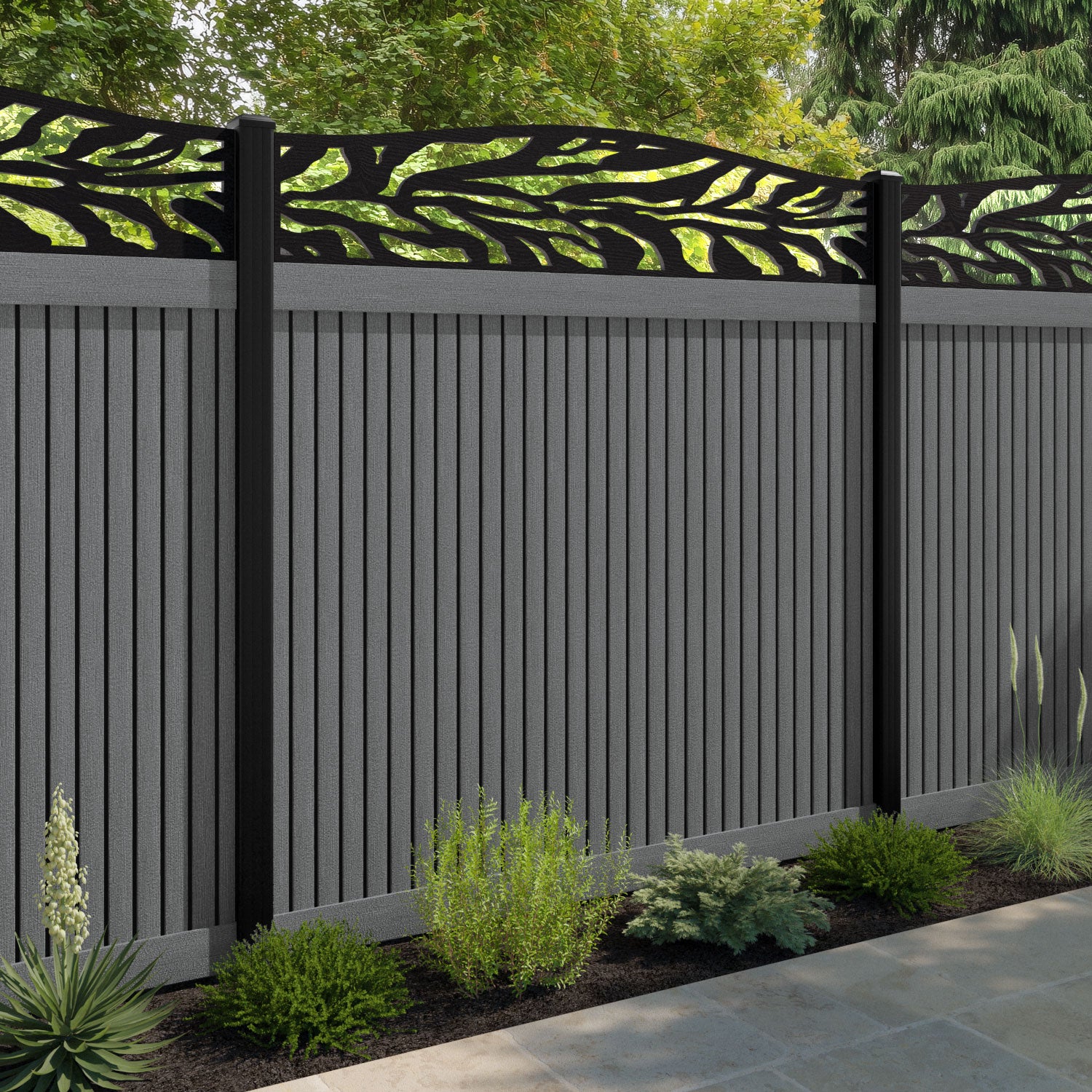 Virtis Malawi Curved Top Fence Panel - Mid Grey - with our composite posts
