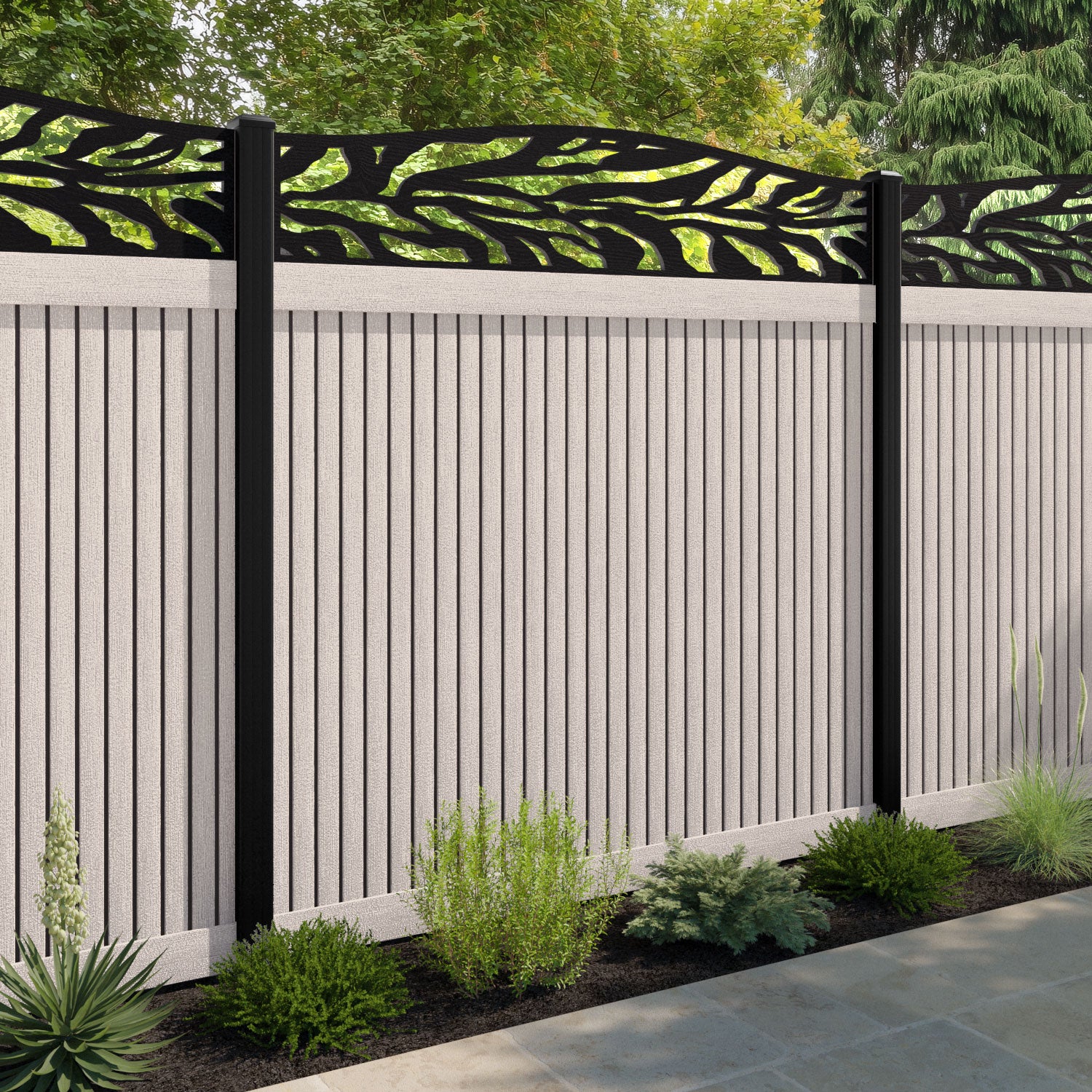 Virtis Malawi Curved Top Fence Panel - Mid Stone - with our composite posts