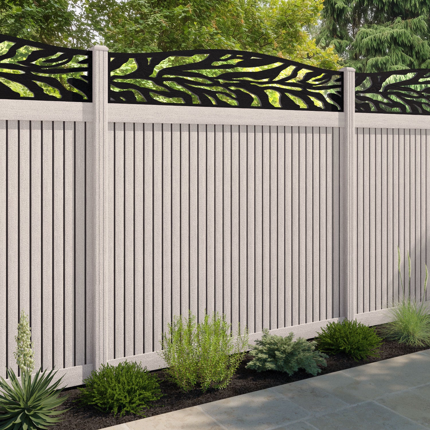 Virtis Malawi Curved Top Fence Panel - Mid Stone - with our composite posts