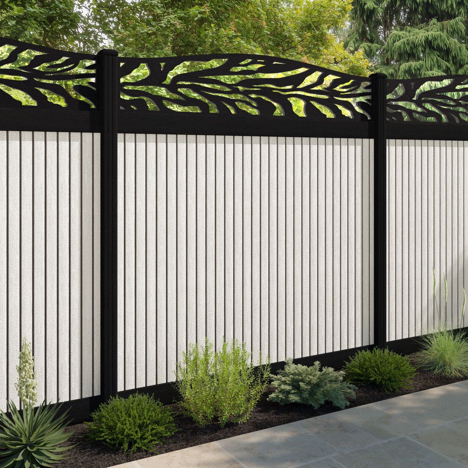 Virtis Malawi Curved Top Fence Panel - Light Stone - with our composite posts