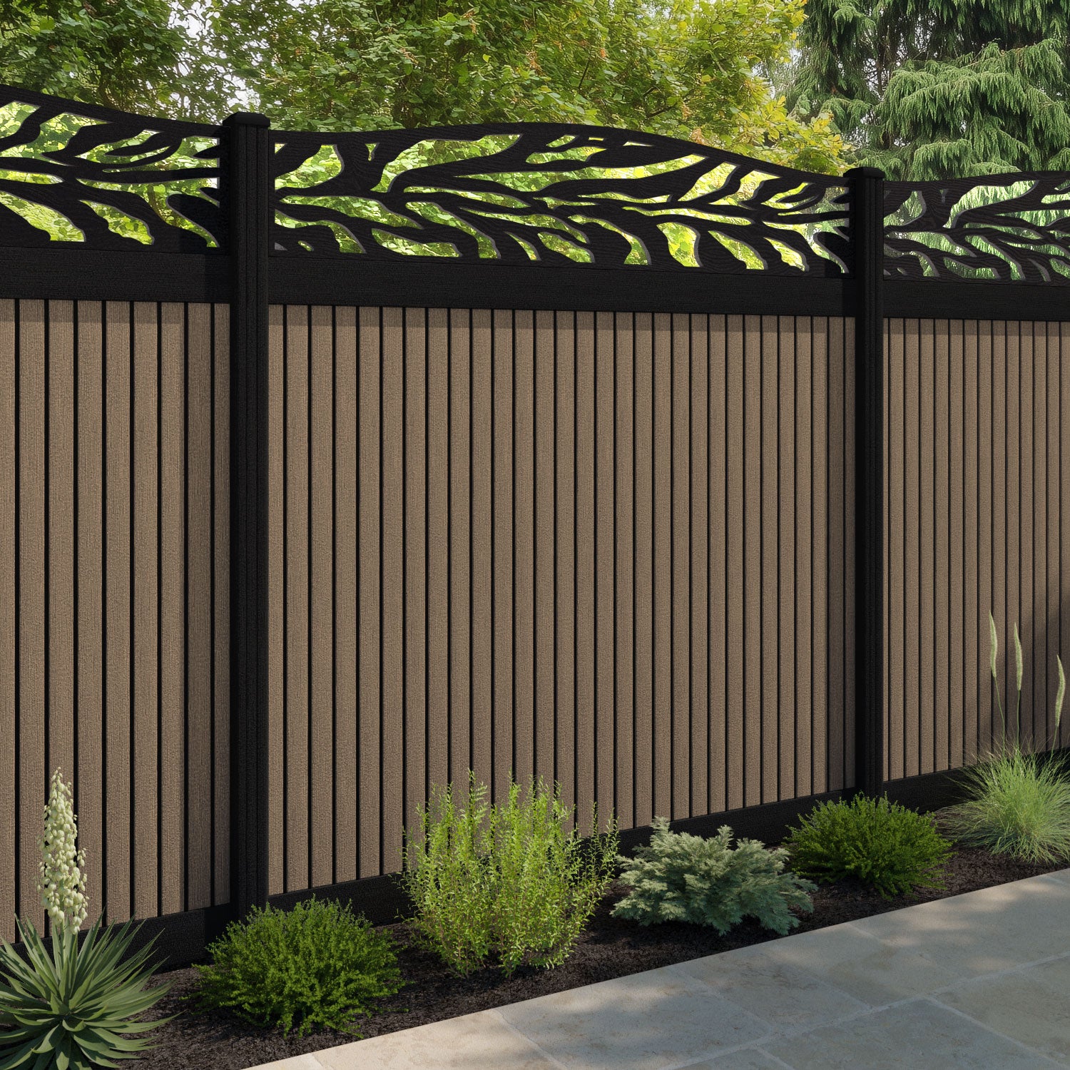 Virtis Malawi Curved Top Fence Panel - Teak - with our aluminium posts