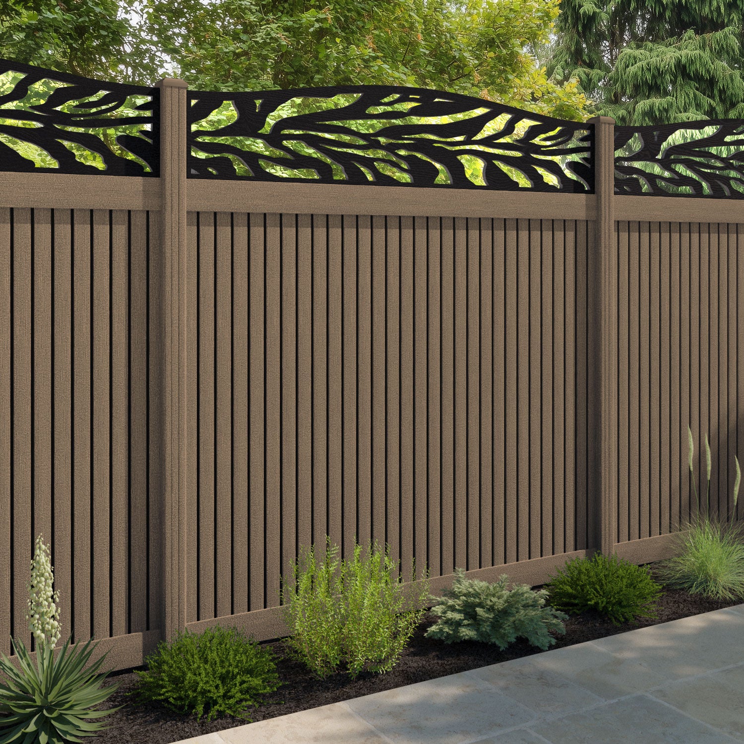 Virtis Malawi Curved Top Fence Panel - Teak - with our composite posts