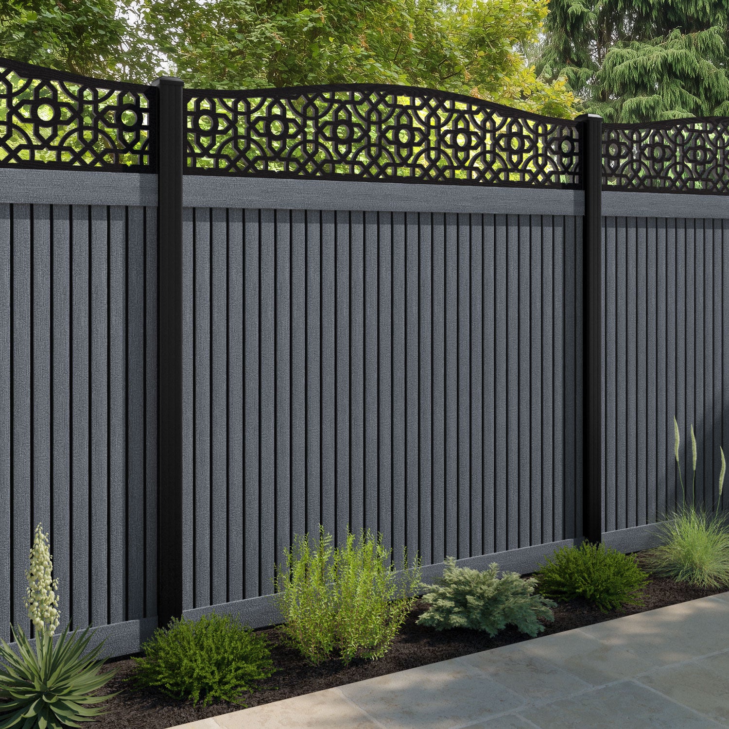 Virtis Nabila Curved Top Fence Panel - Anthracite - with our aluminium posts