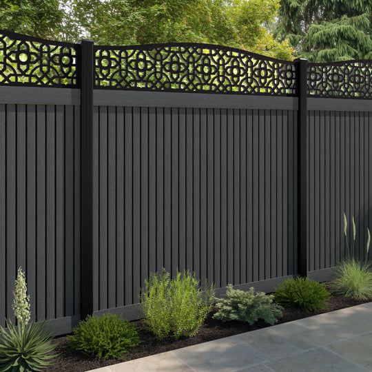 Virtis Nabila Curved Top Fence Panel - Dark Grey - with our aluminium posts