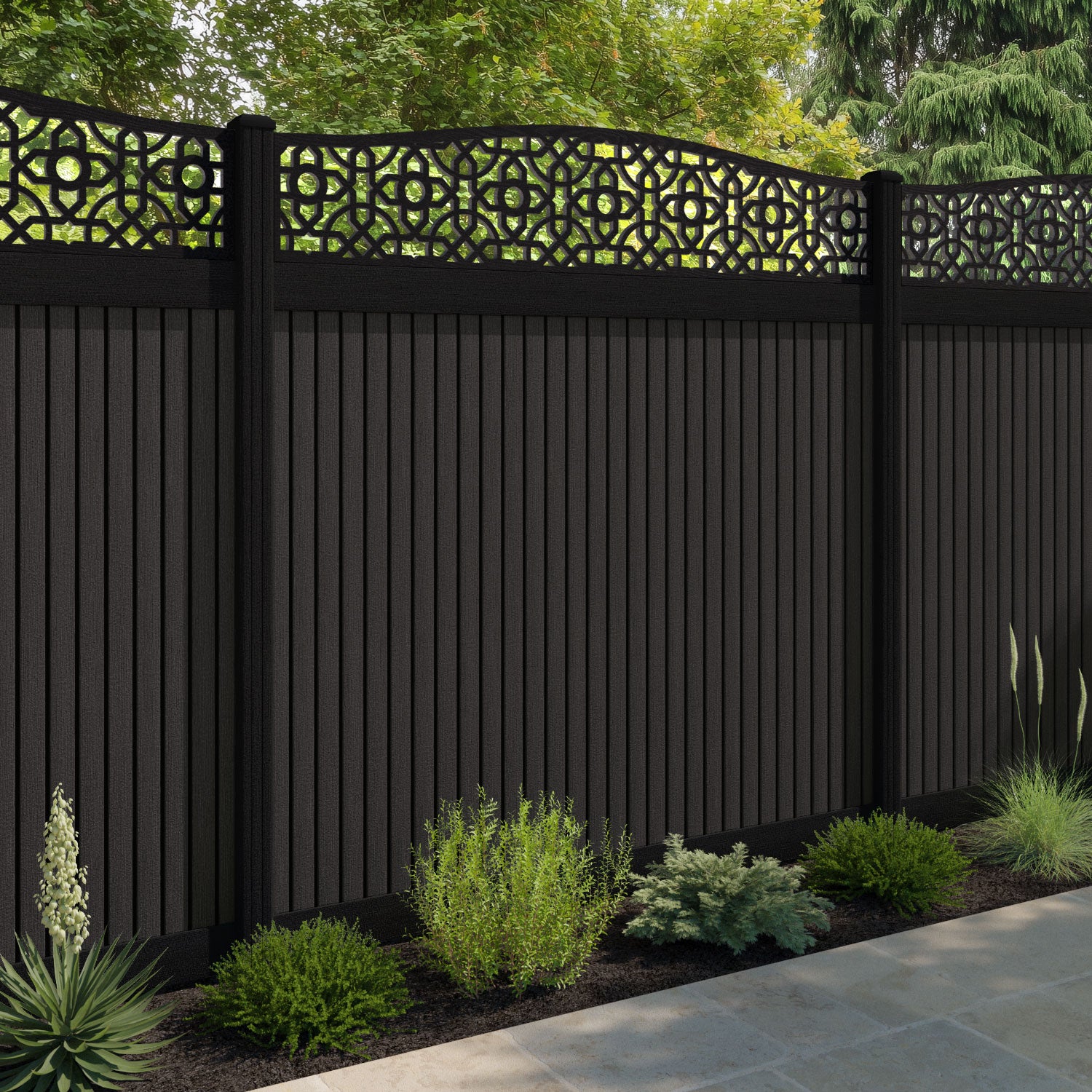 Virtis Nabila Curved Top Fence Panel - Dark Oak - with our aluminium posts