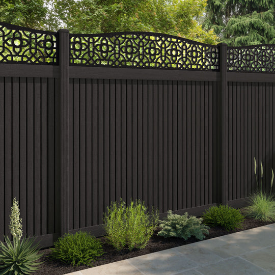 Virtis Nabila Curved Top Fence Panel - Dark Oak - with our composite posts