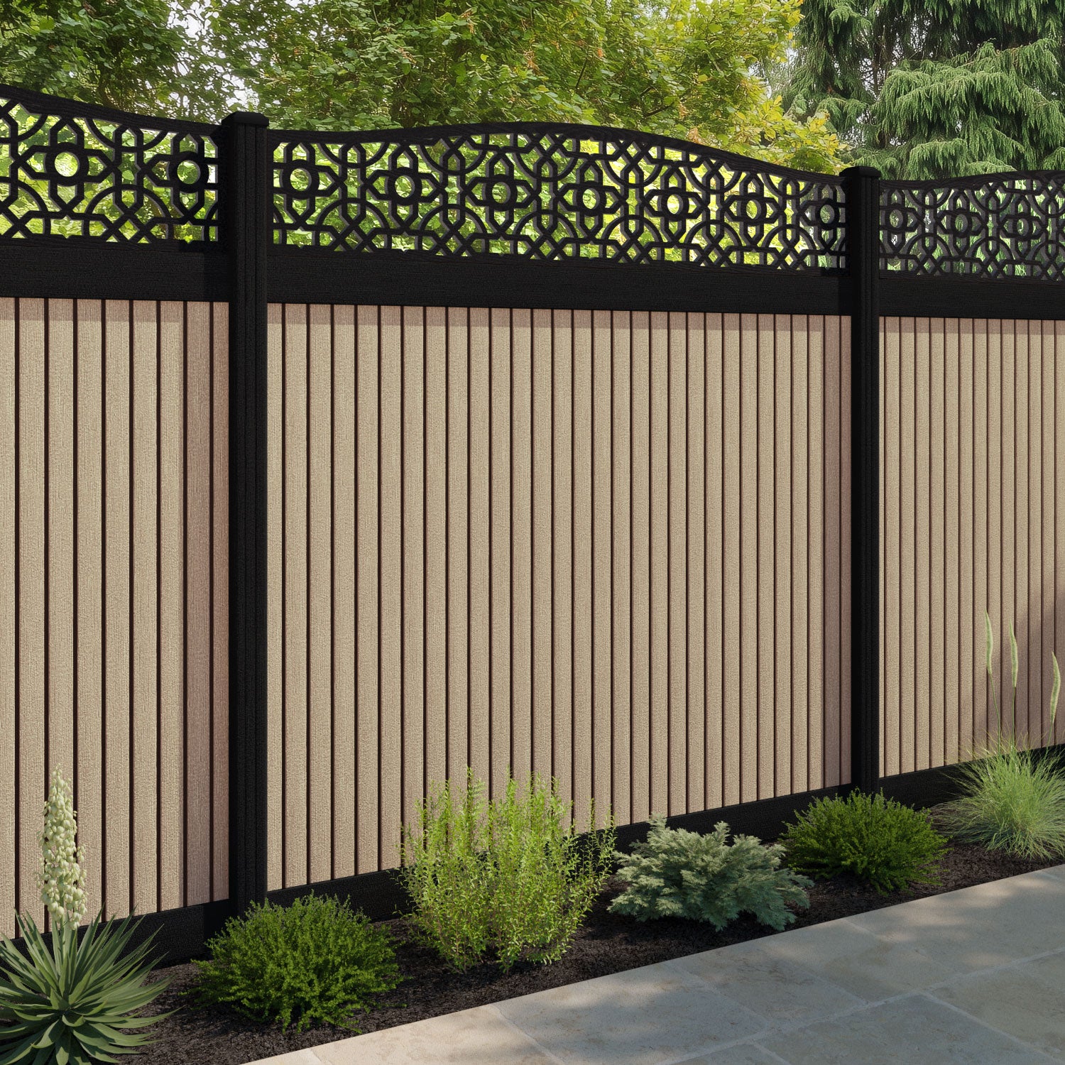 Virtis Nabila Curved Top Fence Panel - Light Oak - with our composite posts