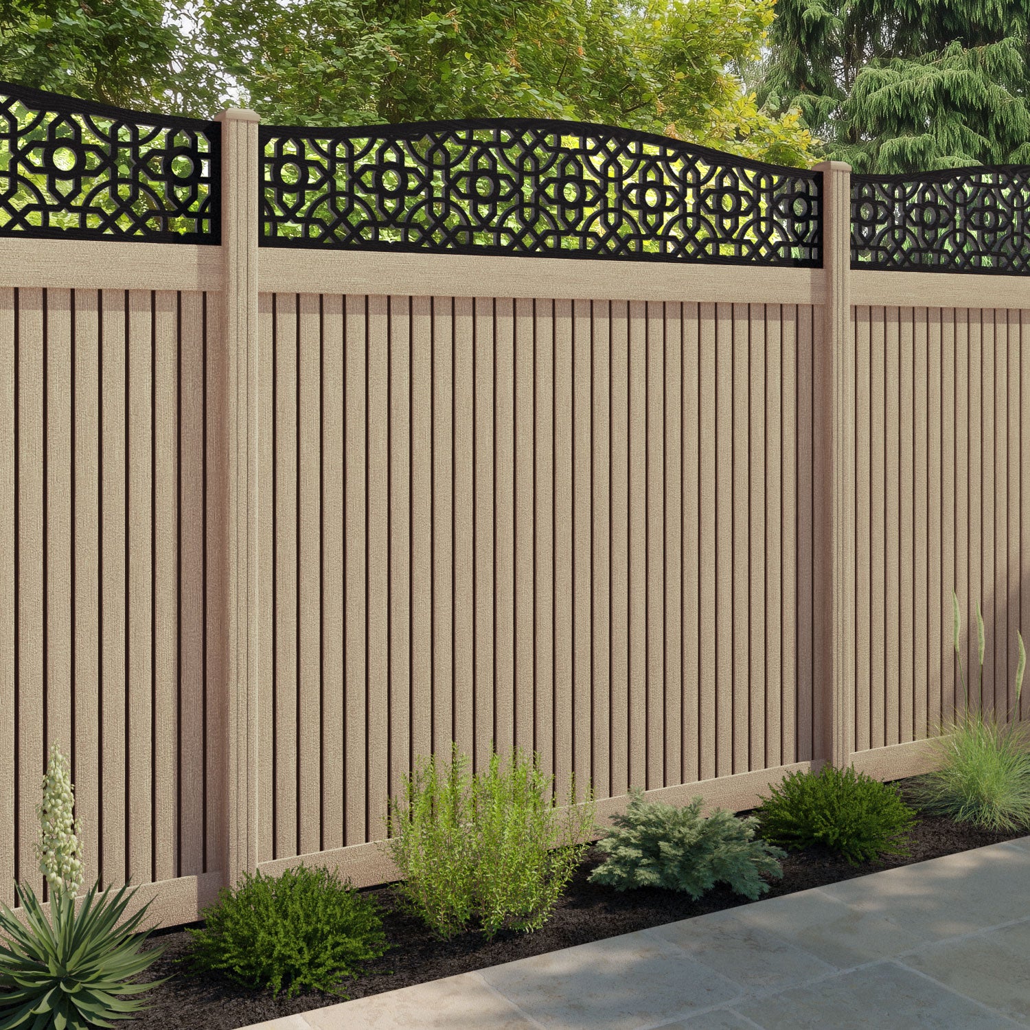 Virtis Nabila Curved Top Fence Panel - Light Oak - with our composite posts