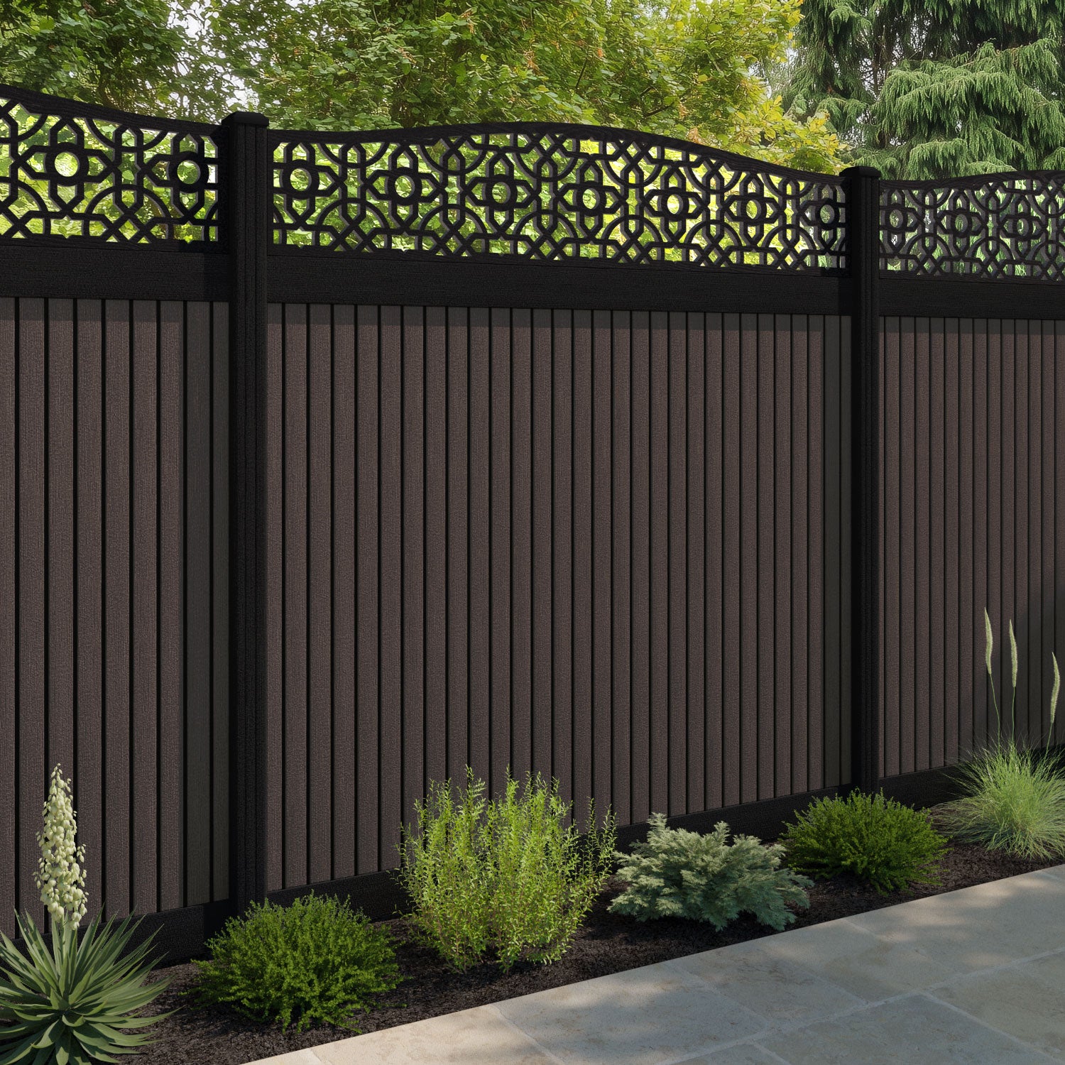 Virtis Nabila Curved Top Fence Panel - Mid Brown - with our aluminium posts