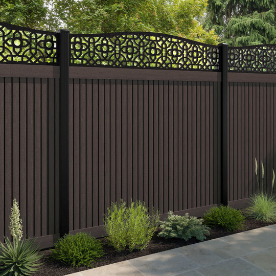Virtis Nabila Curved Top Fence Panel - Mid Brown - with our aluminium posts