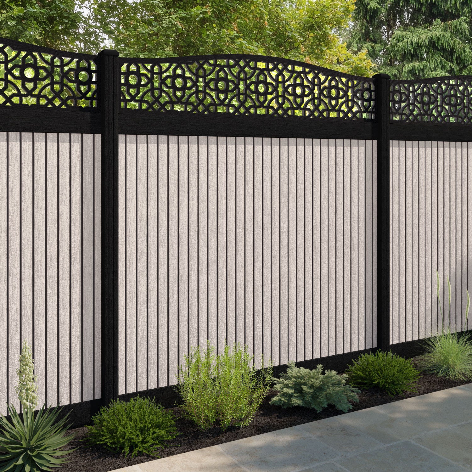 Virtis Nabila Curved Top Fence Panel - Mid Stone - with our composite posts