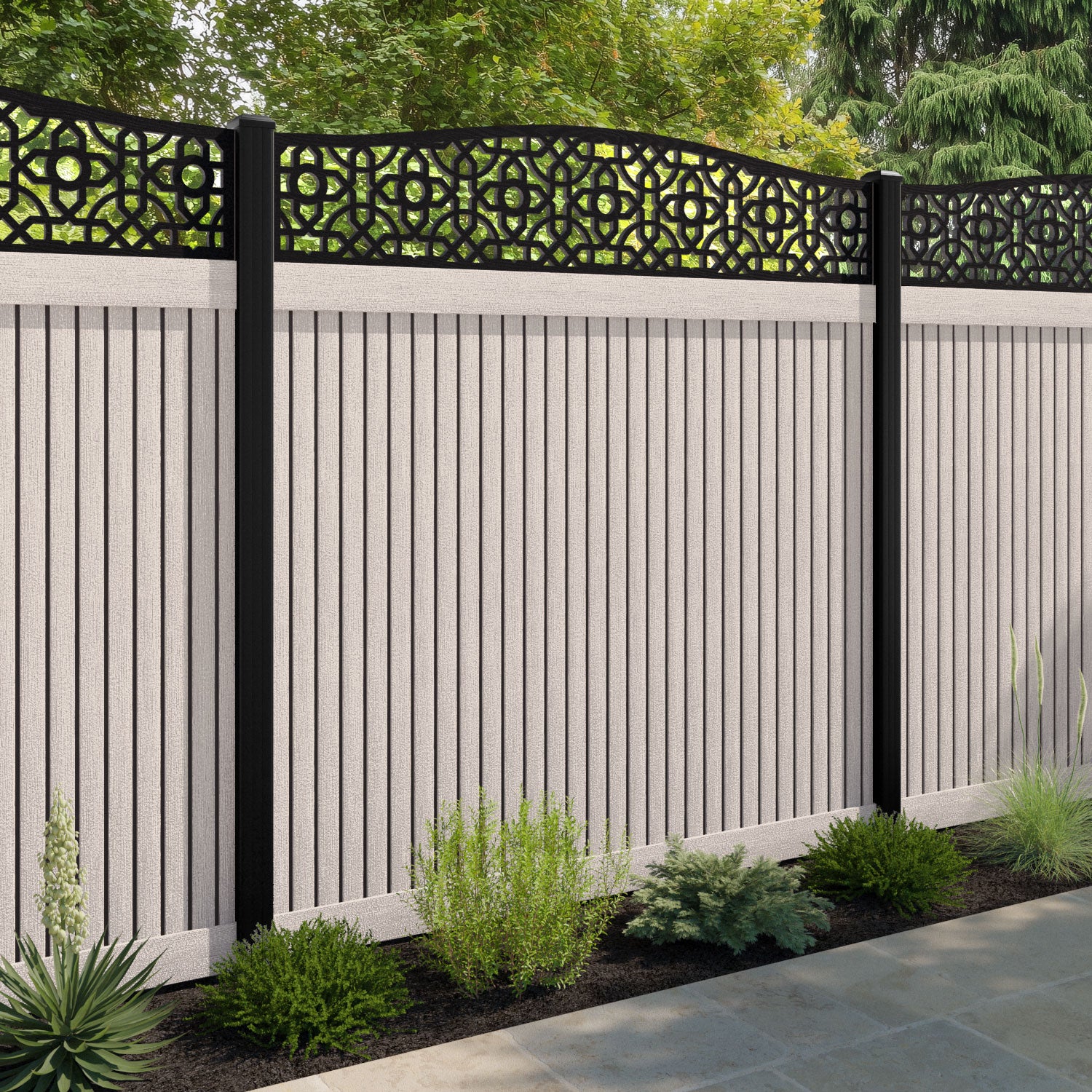 Virtis Nabila Curved Top Fence Panel - Mid Stone - with our composite posts