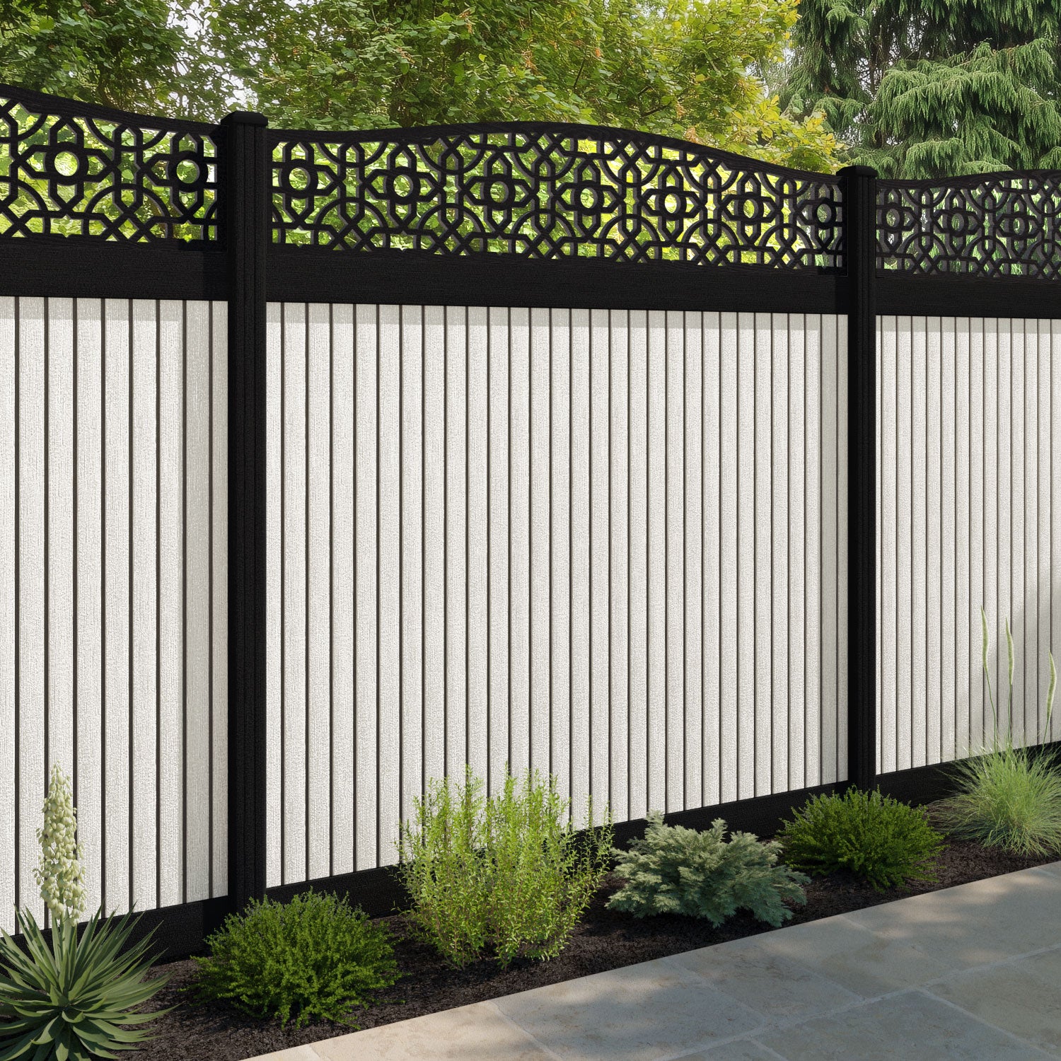 Virtis Nabila Curved Top Fence Panel - Light Stone - with our aluminium posts