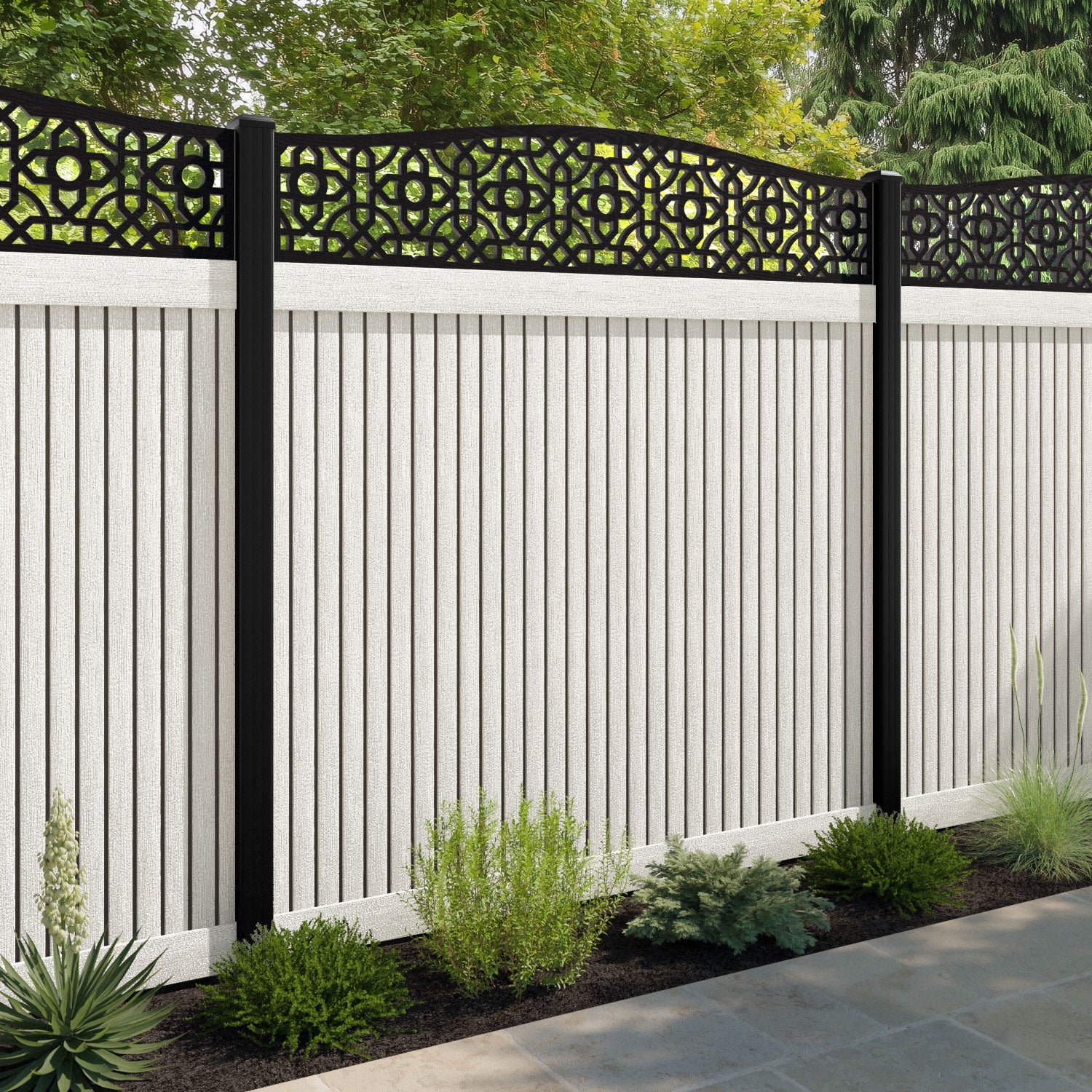 Virtis Nabila Curved Top Fence Panel - Light Stone - with our aluminium posts