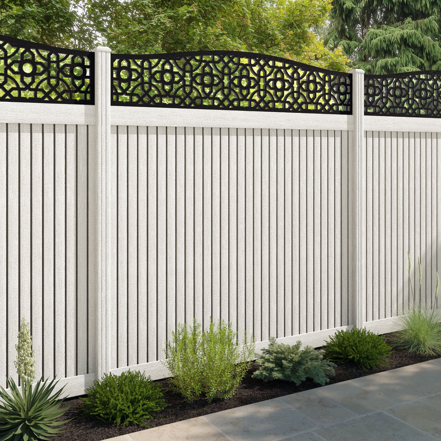 Virtis Nabila Curved Top Fence Panel - Light Stone - with our composite posts