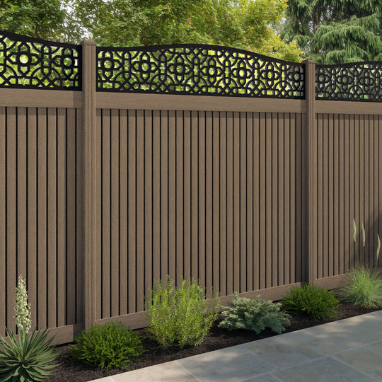 Virtis Nabila Curved Top Fence Panel - Teak - with our composite posts