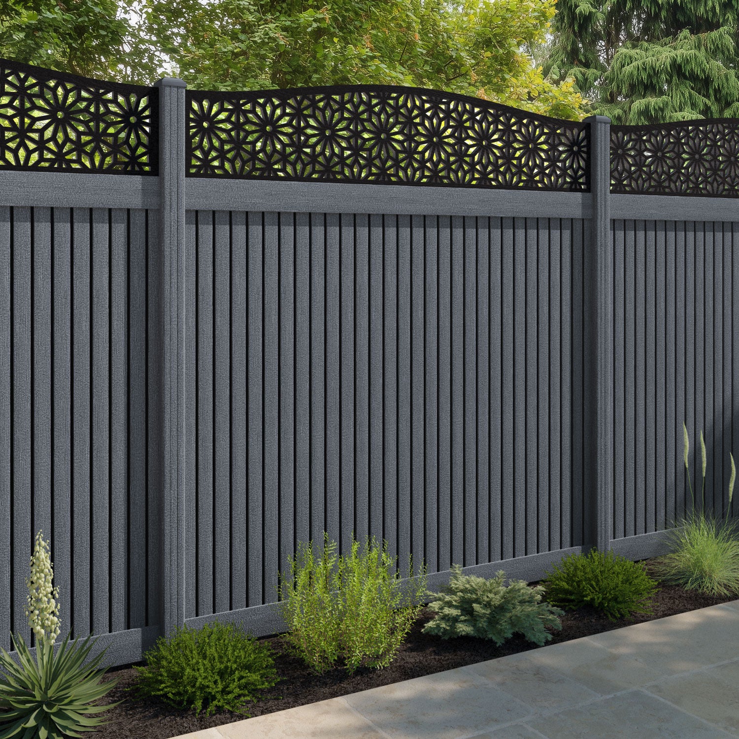 Virtis Narwa Curved Top Fence Panel - Anthracite - with our composite posts