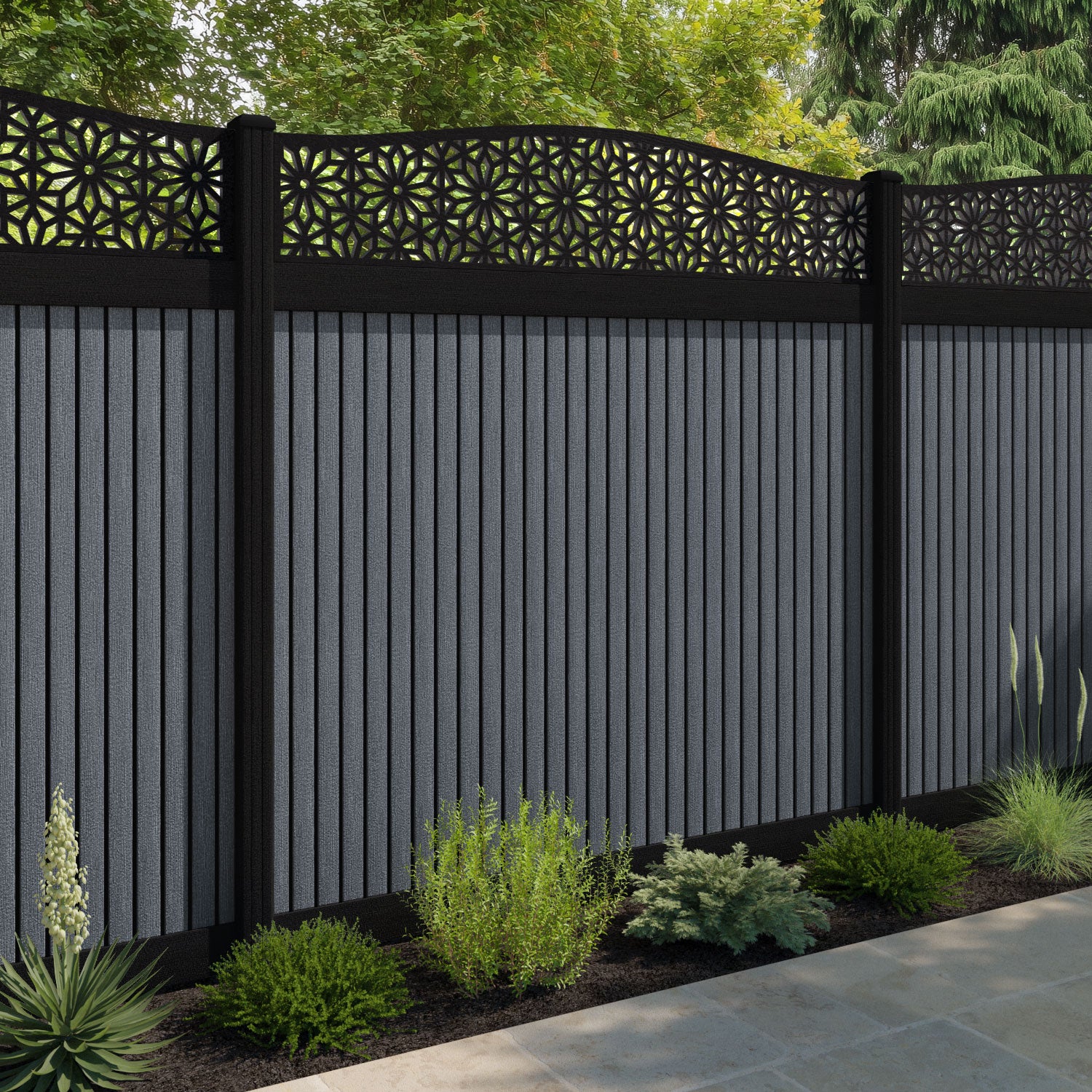 Virtis Narwa Curved Top Fence Panel - Anthracite - with our composite posts