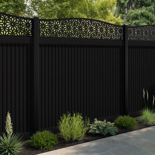 Virtis Narwa Curved Top Fence Panel - Black - with our aluminium posts