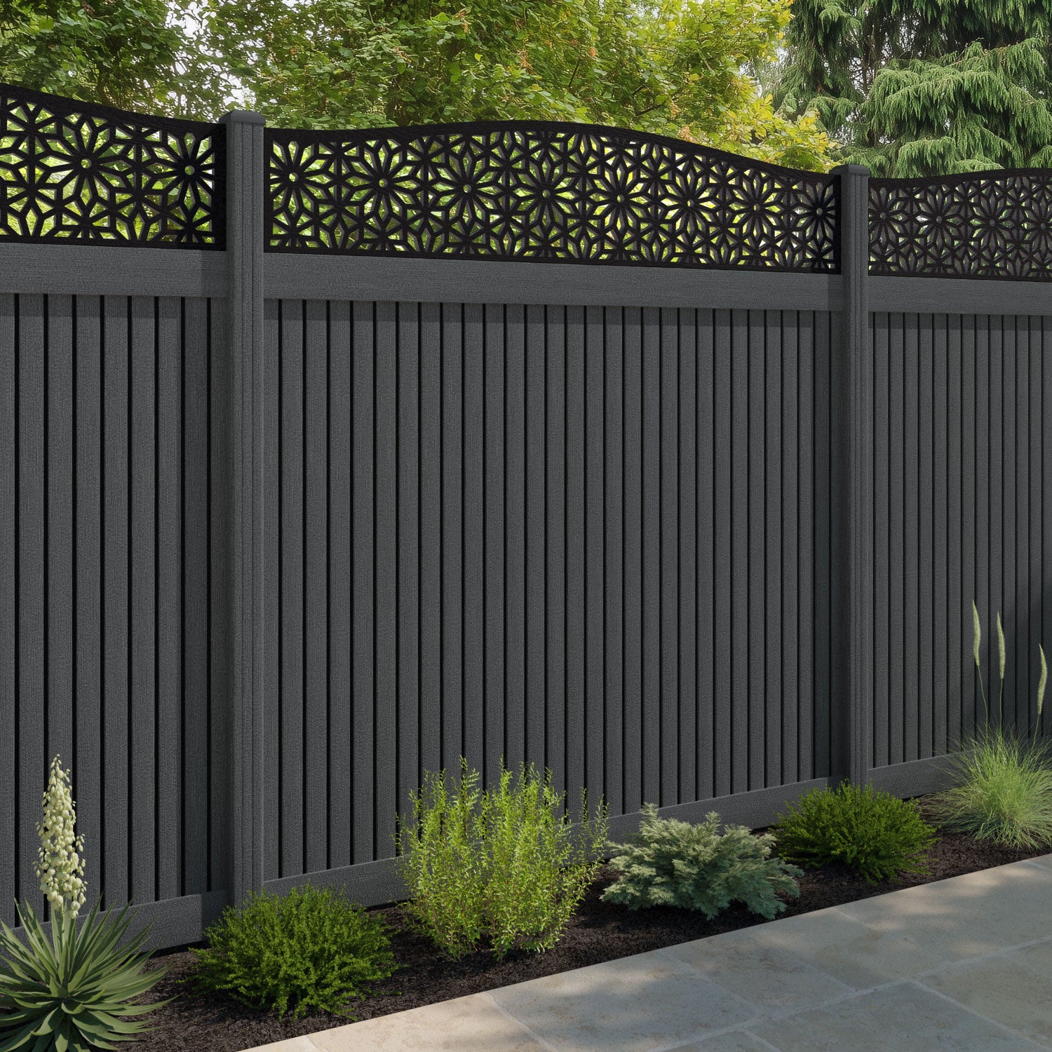 Virtis Narwa Curved Top Fence Panel - Dark Grey - with our composite posts