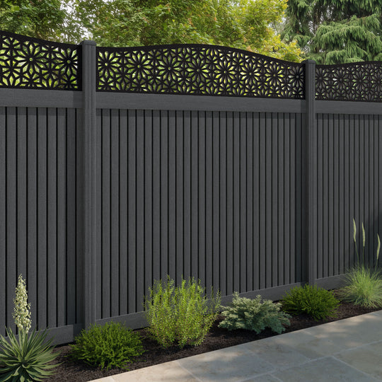 Virtis Narwa Curved Top Fence Panel - Dark Grey - with our composite posts