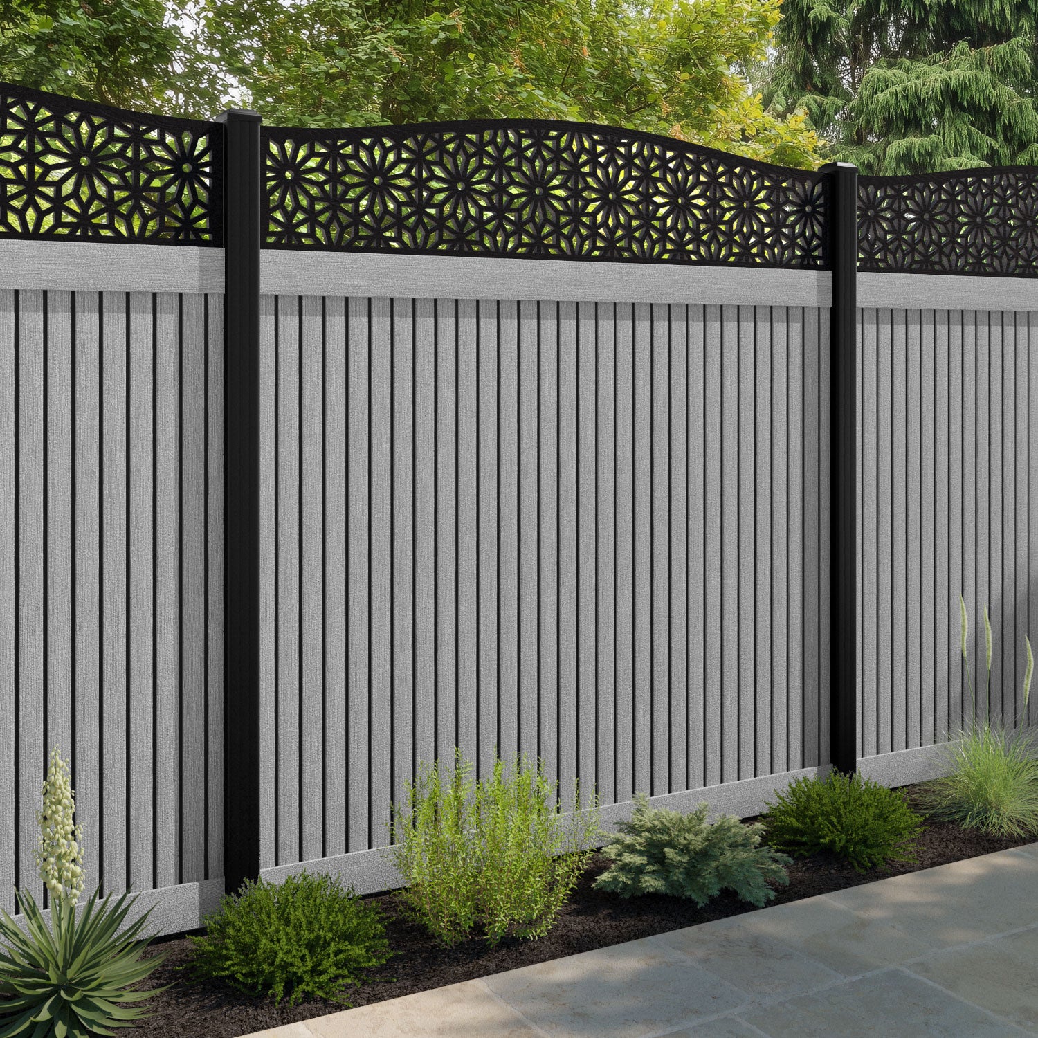 Virtis Narwa Curved Top Fence Panel - Light Grey - with our aluminium posts