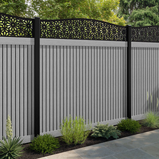 Virtis Narwa Curved Top Fence Panel - Light Grey - with our aluminium posts