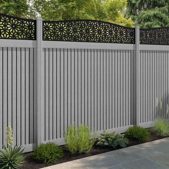 Virtis Narwa Curved Top Fence Panel - Light Grey - with our composite posts
