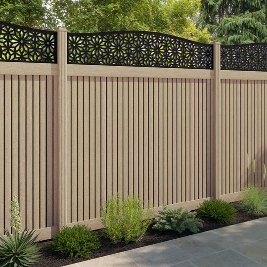 Virtis Narwa Curved Top Fence Panel - Light Oak - with our composite posts