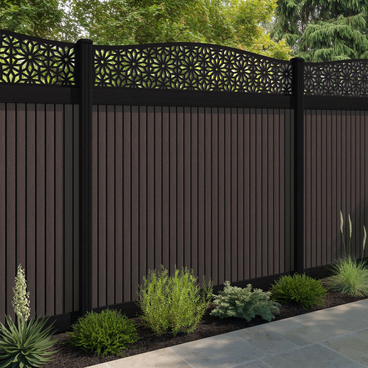 Virtis Narwa Curved Top Fence Panel - Mid Brown - with our composite posts