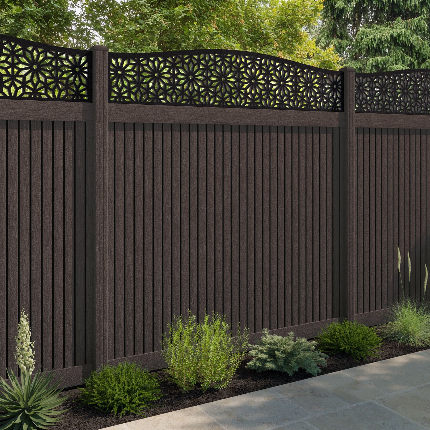 Virtis Narwa Curved Top Fence Panel - Mid Brown - with our composite posts