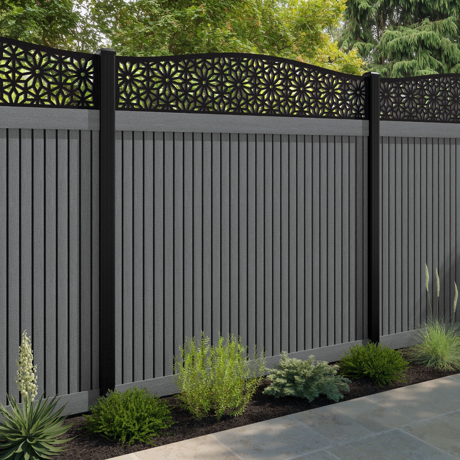 Virtis Narwa Curved Top Fence Panel - Mid Grey - with our composite posts