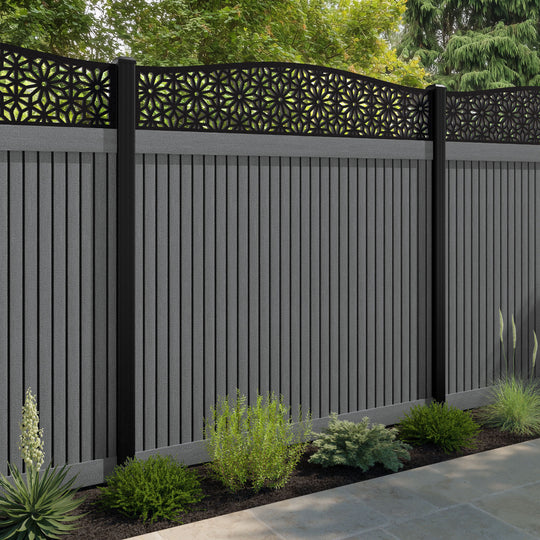 Virtis Narwa Curved Top Fence Panel - Mid Grey - with our aluminium posts