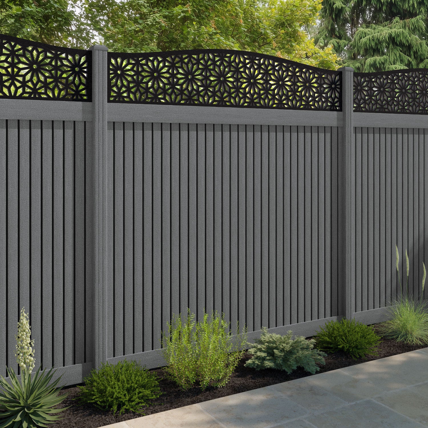 Virtis Narwa Curved Top Fence Panel - Mid Grey - with our composite posts