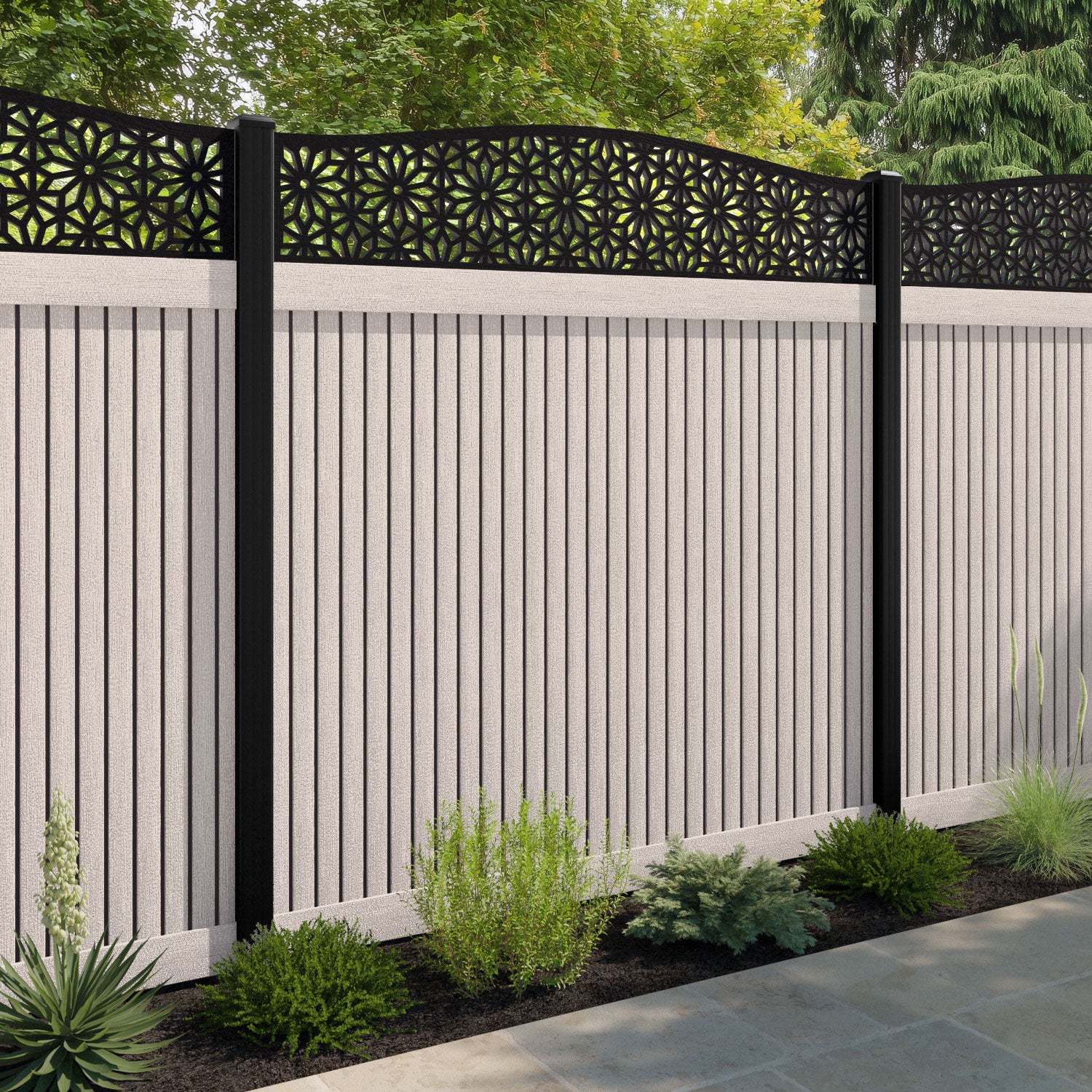 Virtis Narwa Curved Top Fence Panel - Mid Stone - with our aluminium posts