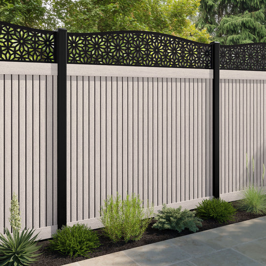 Virtis Narwa Curved Top Fence Panel - Mid Stone - with our aluminium posts
